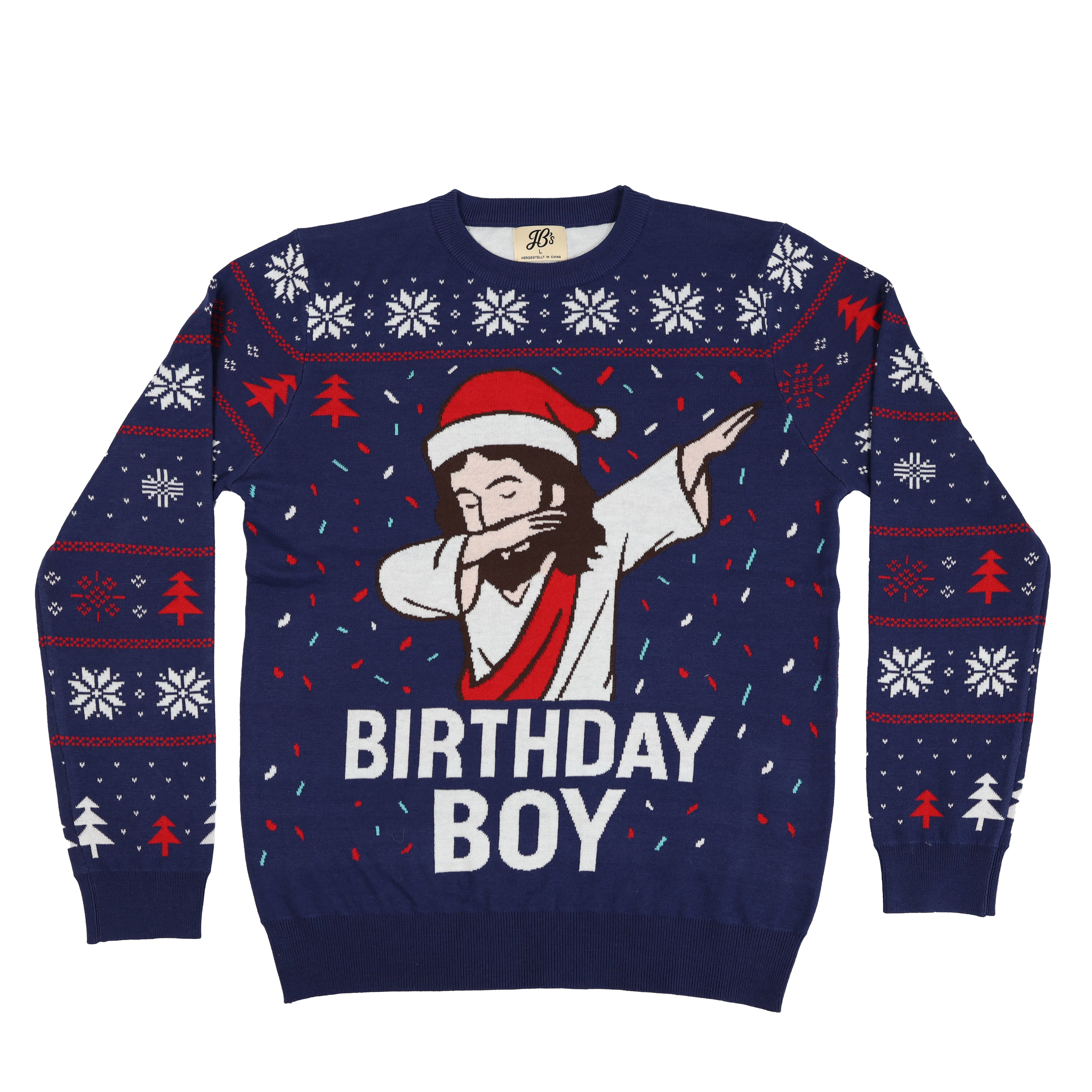 Ugly Christmas sweater with 'Birthday Boy' design on a white background