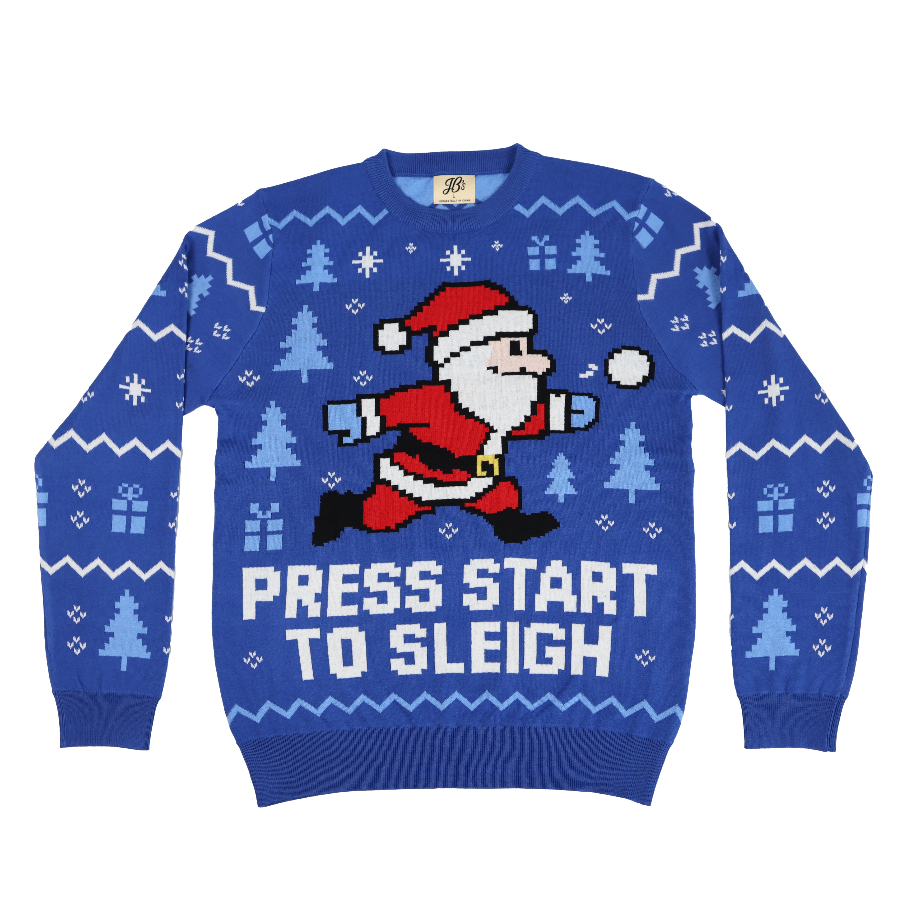 Blue ugly Christmas sweater with Santa Claus graphic and 'Press Start to Sleigh' text on a white background