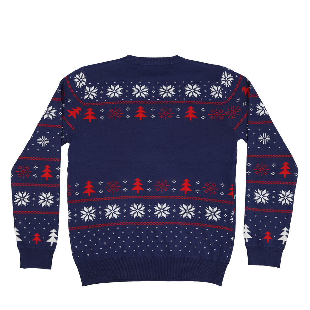 Navy blue ugly Christmas sweater with red and white Christmas pattern on a white background