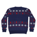 Navy blue ugly Christmas sweater with red and white Christmas pattern on a white background