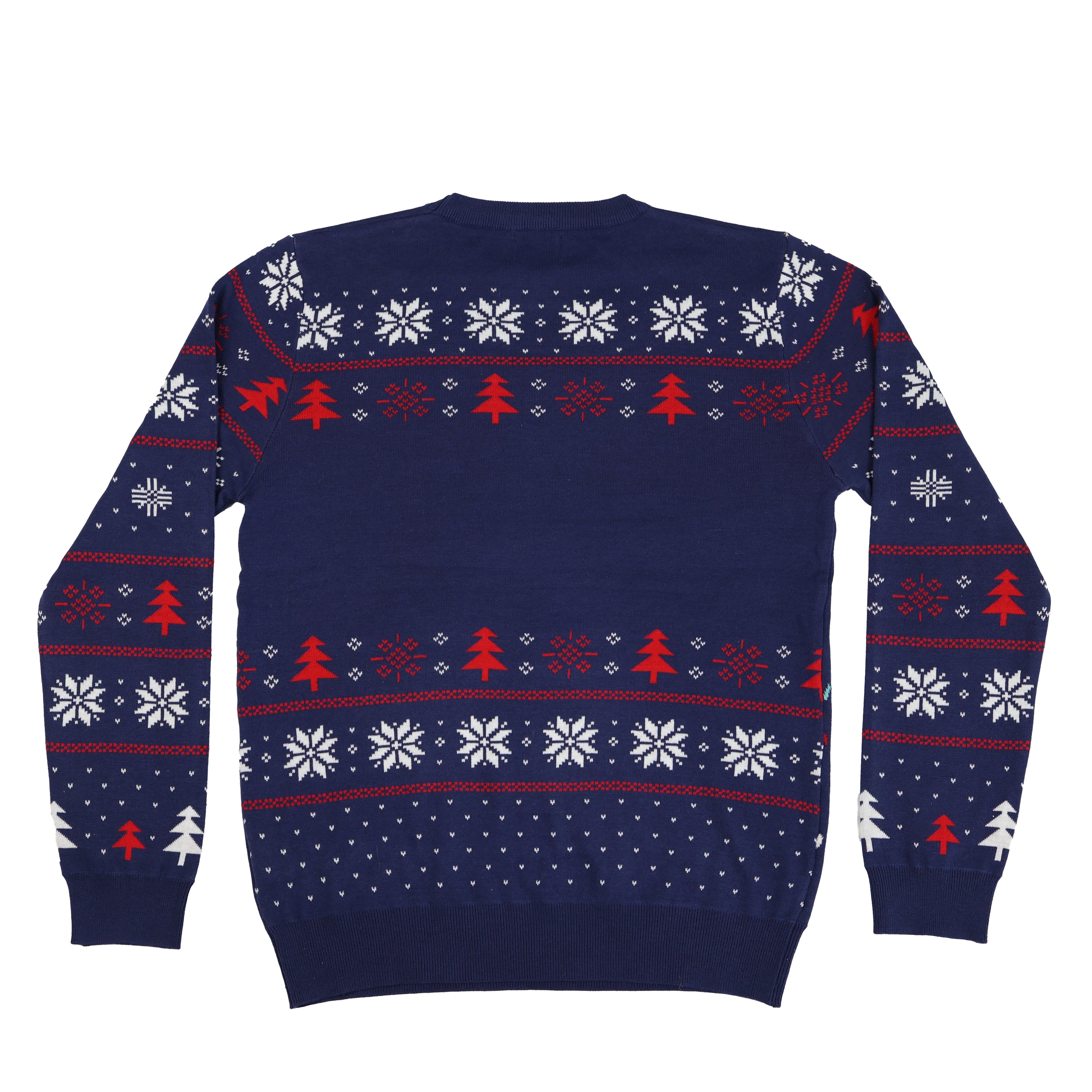 Navy blue ugly Christmas sweater with red and white Christmas pattern on a white background