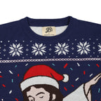 Navy blue ugly christmas sweater with festive design featuring a character in a Santa hat and snowflakes.