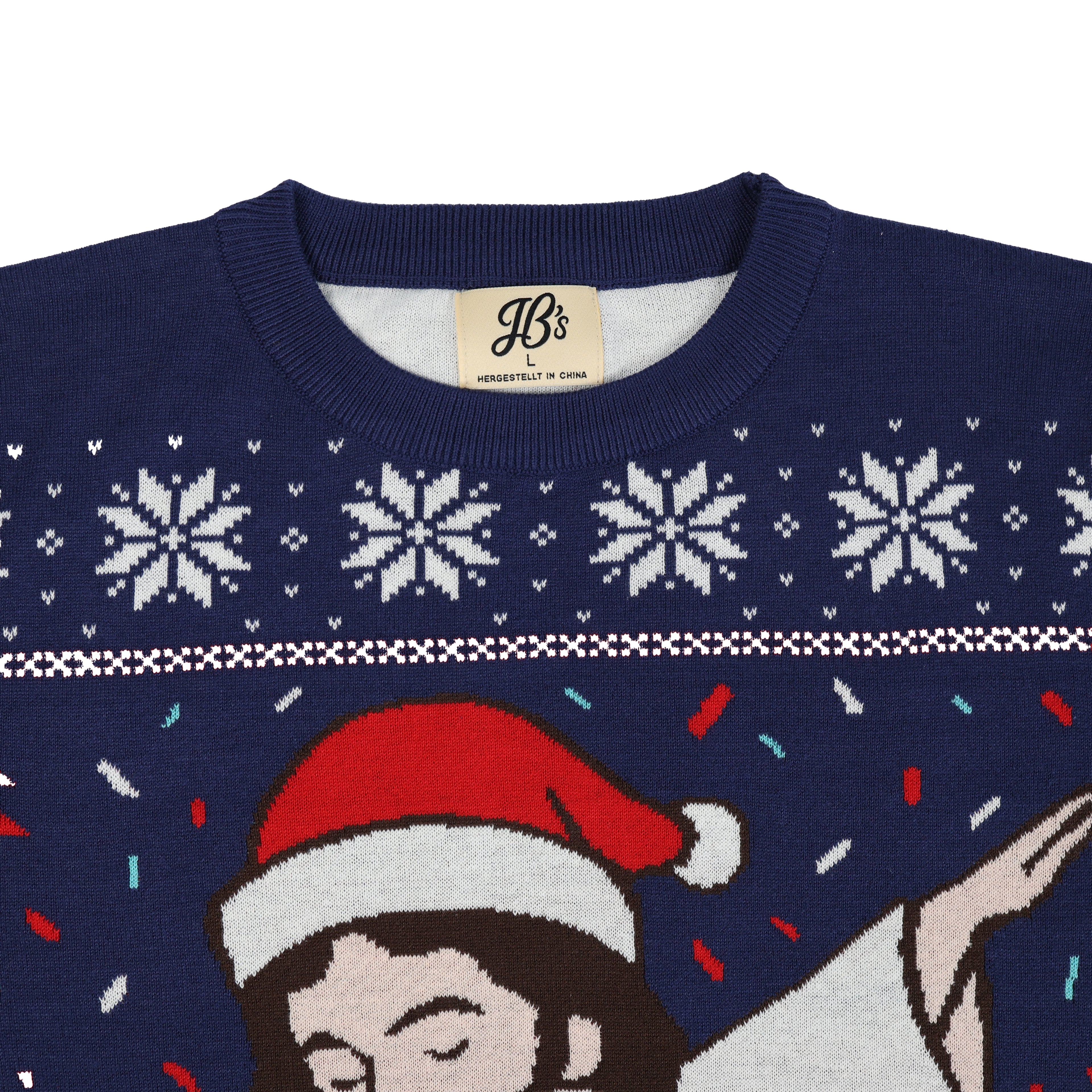 Navy blue ugly christmas sweater with festive design featuring a character in a Santa hat and snowflakes.