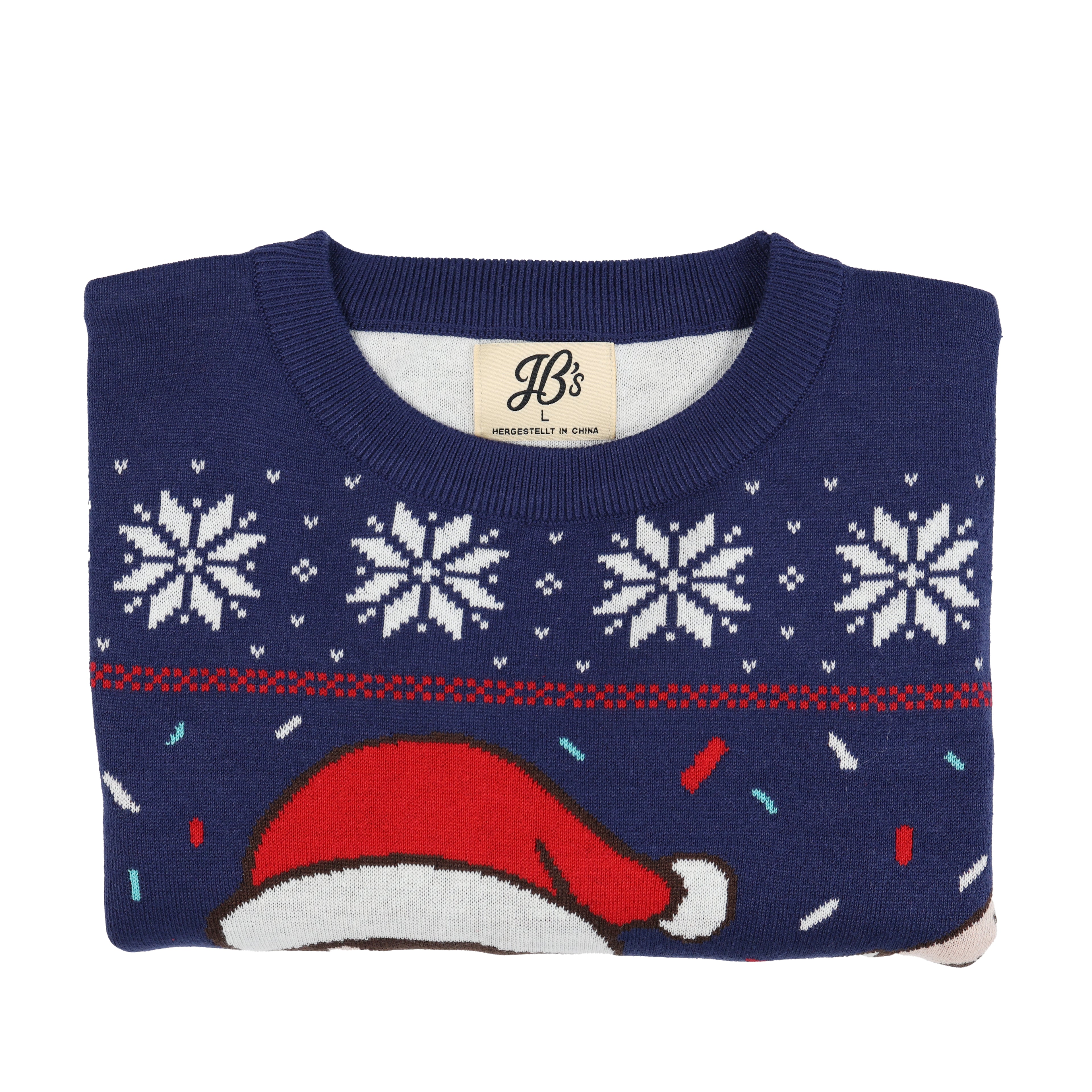 Folded navy blue ugly Christmas sweater with white snowflakes, red accents, and a Santa hat on a white background.