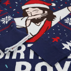 Navy blue Ugly Christmas Sweater with a graphic of a person wearing a Santa hat and beard on a background with Christmas patterns.