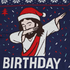 Ugly Christmas sweater with cartoon Jesus character and 'Birthday' text on a blue background.
