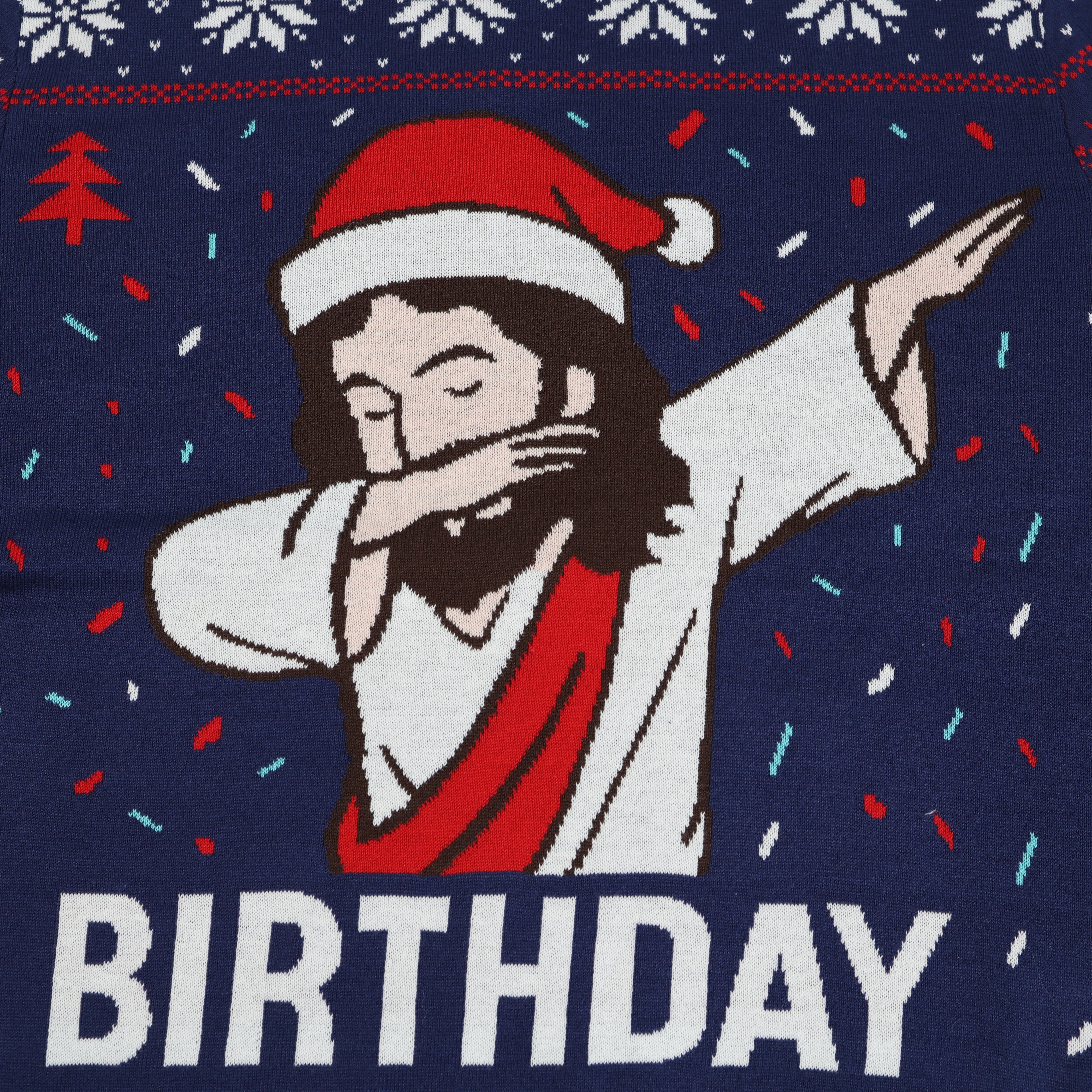 Ugly Christmas sweater with cartoon Jesus character and 'Birthday' text on a blue background.