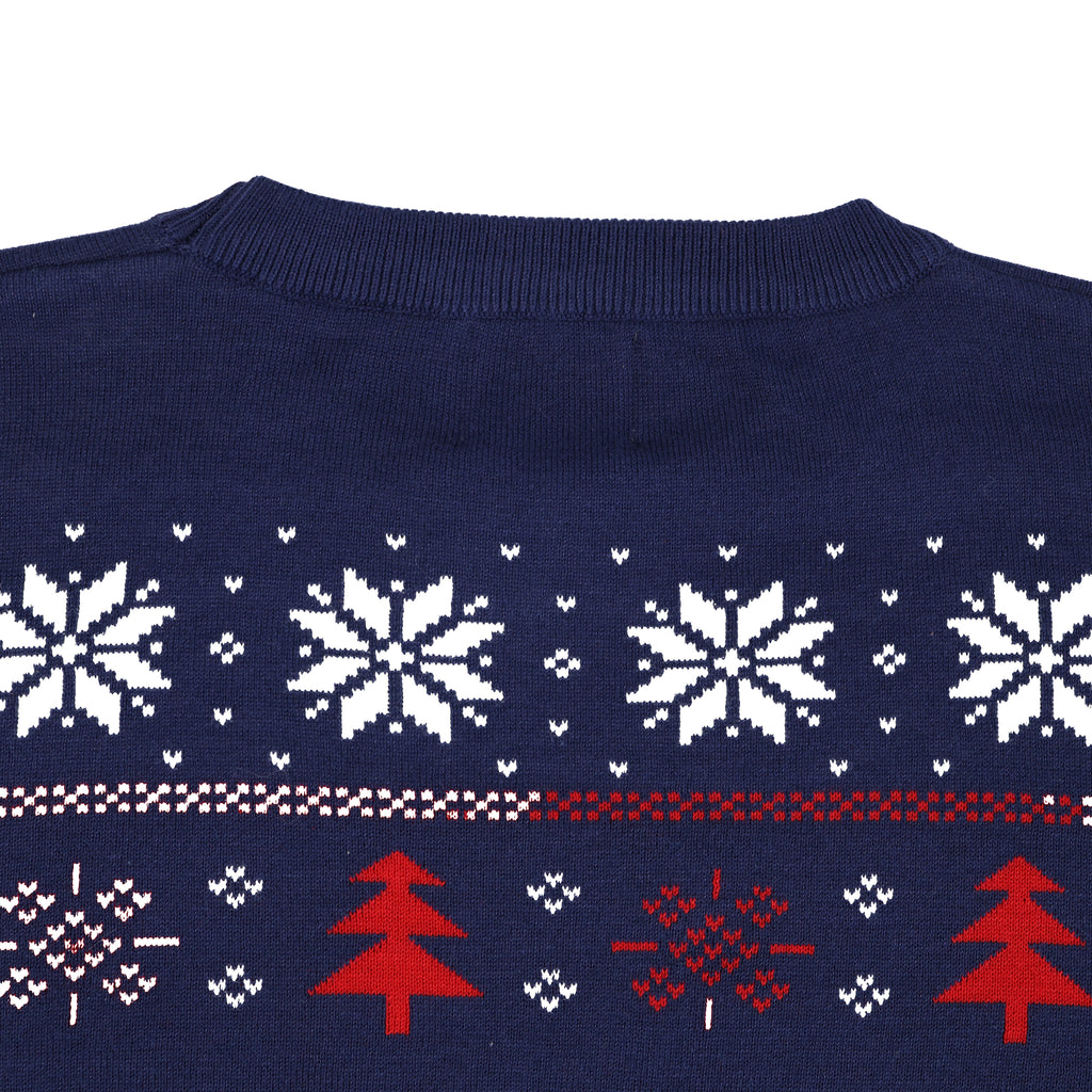 Navy blue ugly christmas sweater with white snowflakes and red trees on a white background