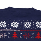 Navy blue ugly christmas sweater with white snowflakes and red trees on a white background