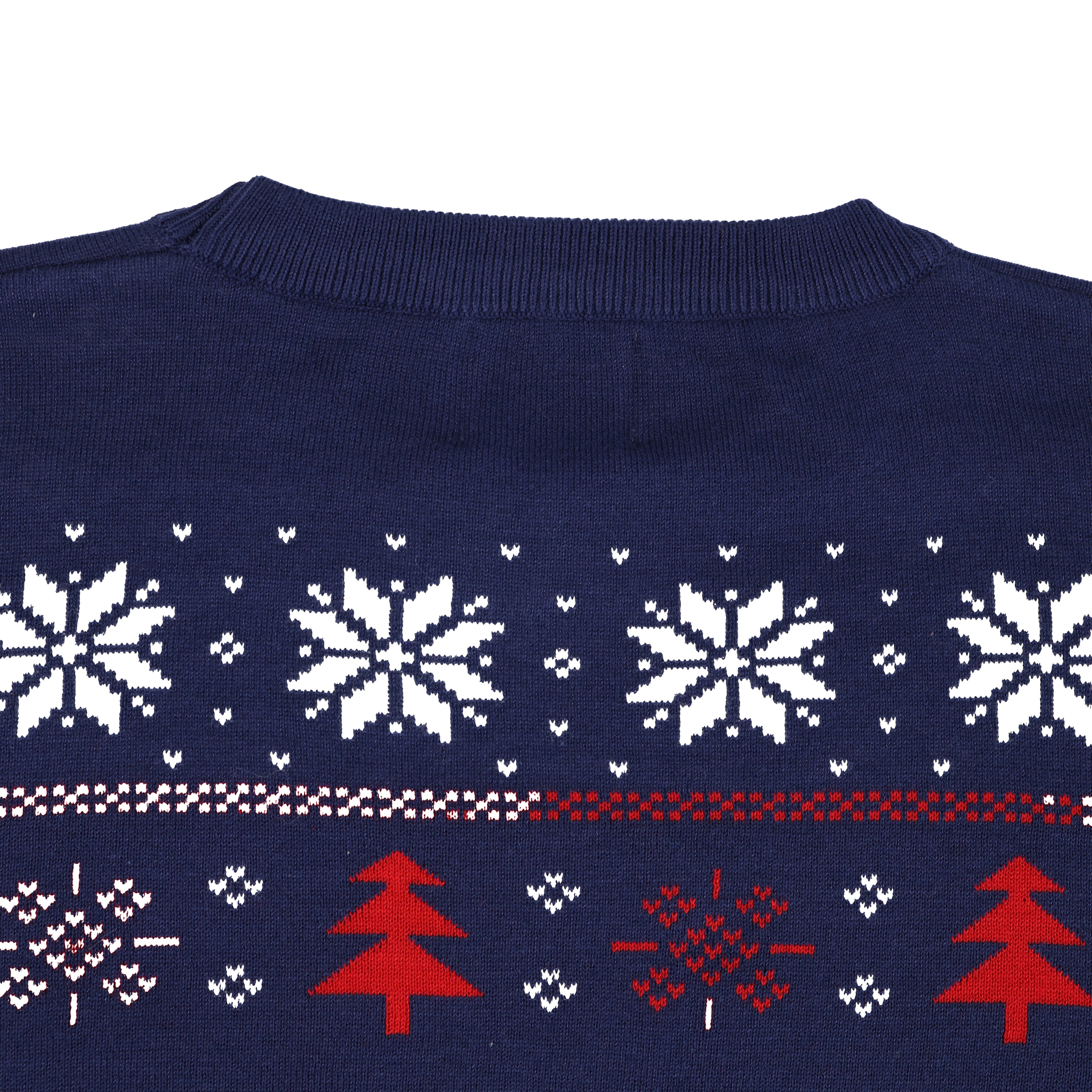 Navy blue ugly christmas sweater with white snowflakes and red trees on a white background