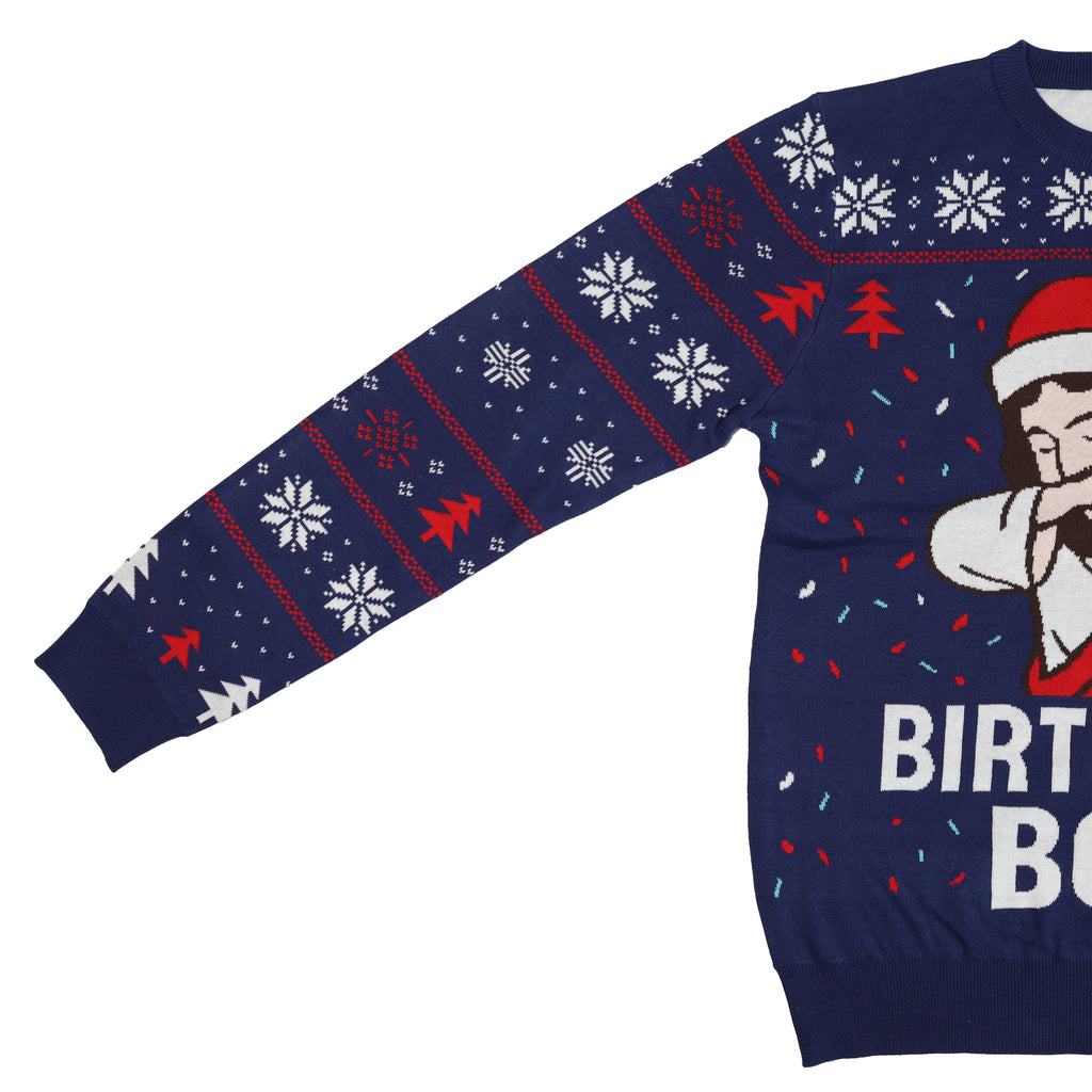 Navy blue ugly christmas sweater with festive design featuring a cartoon character and text on a white background