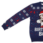 Navy blue ugly christmas sweater with festive design featuring a cartoon character and text on a white background