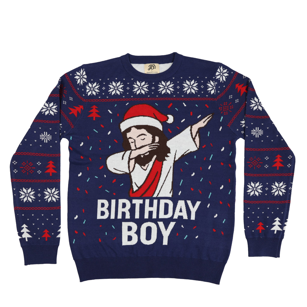 Ugly Christmas sweater with 'Birthday Boy' design on a white background