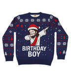 Ugly Christmas sweater with 'Birthday Boy' design on a white background