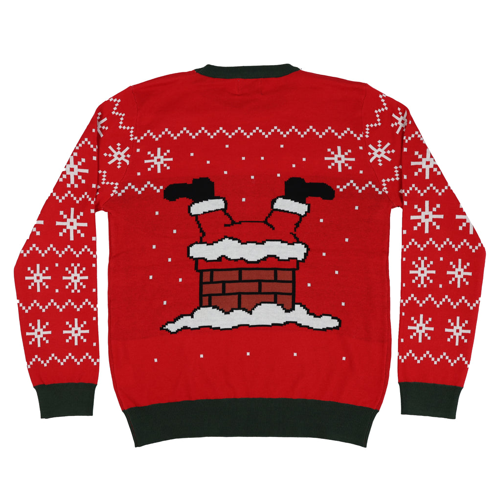 Red ugly Christmas sweater with Santa Claus design on a white background