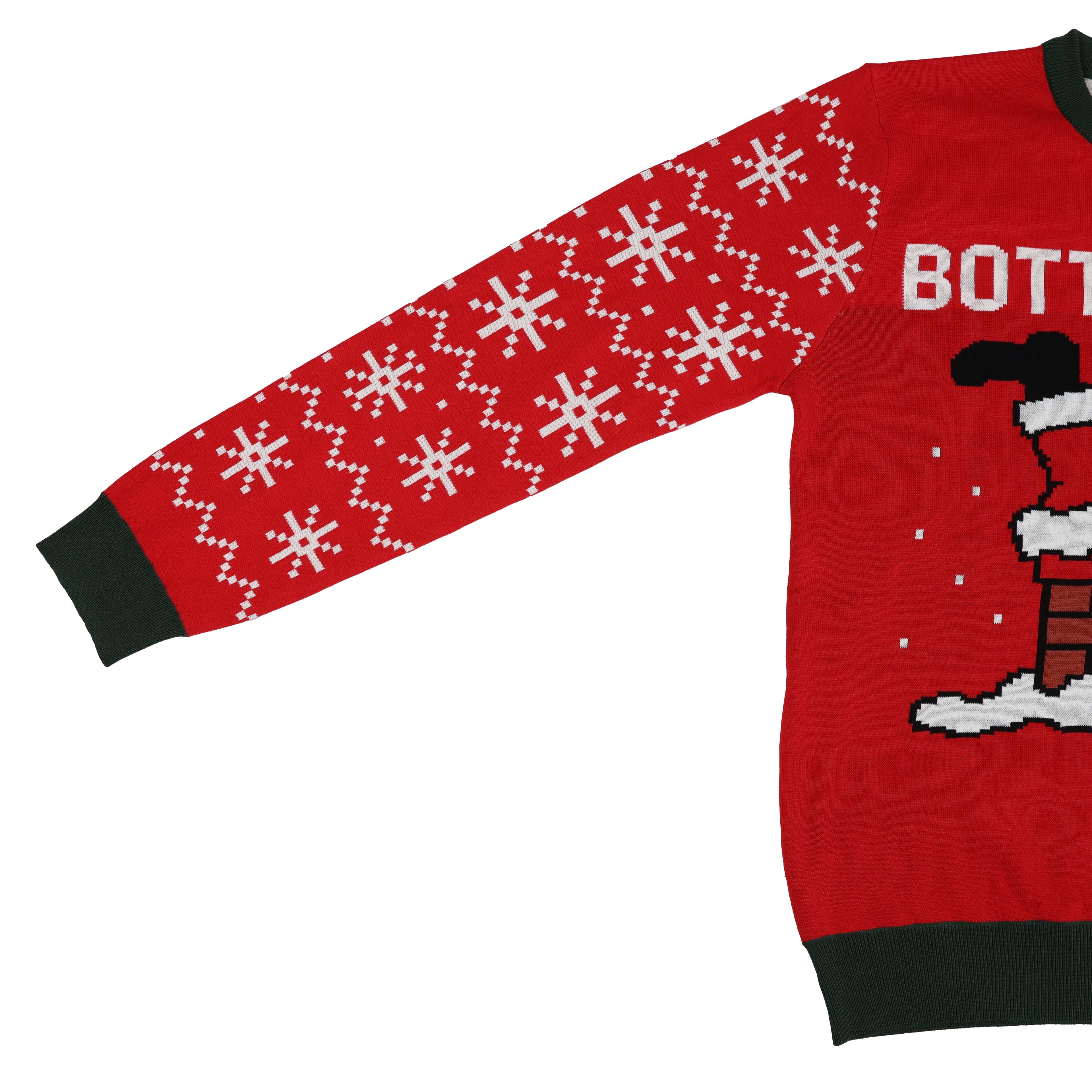 Red ugly christmas Christmas sweater with snowflake pattern and Santa Claus design on a white background