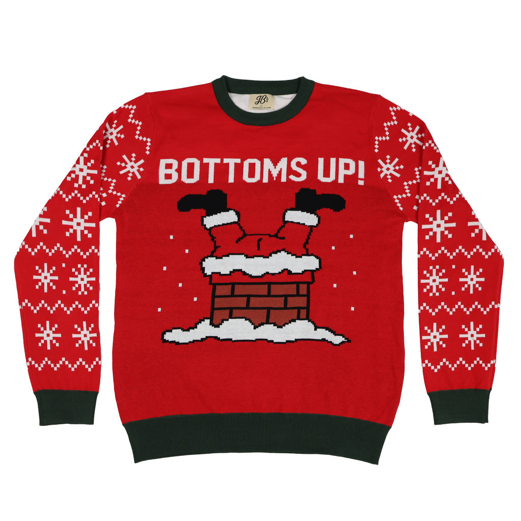 Red ugly Christmas sweater with 'BOTTOMS UP!' text and Santa design on a white background