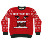 Red ugly Christmas sweater with 'BOTTOMS UP!' text and Santa design on a white background