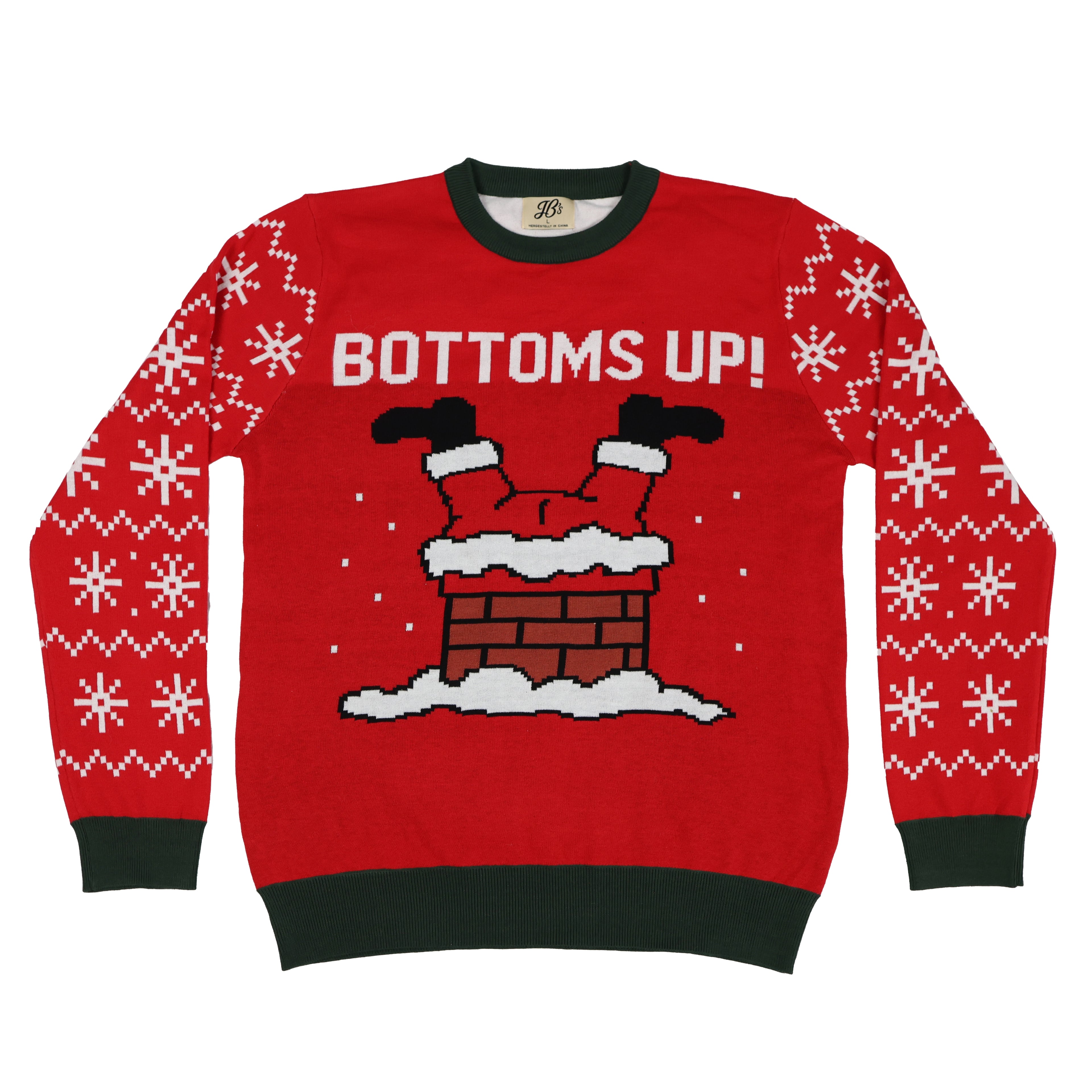Red ugly Christmas sweater with 'BOTTOMS UP!' text and Santa design on a white background