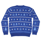 Blue ugly Christmas sweater with white and light blue Christmas-themed pattern on a white background