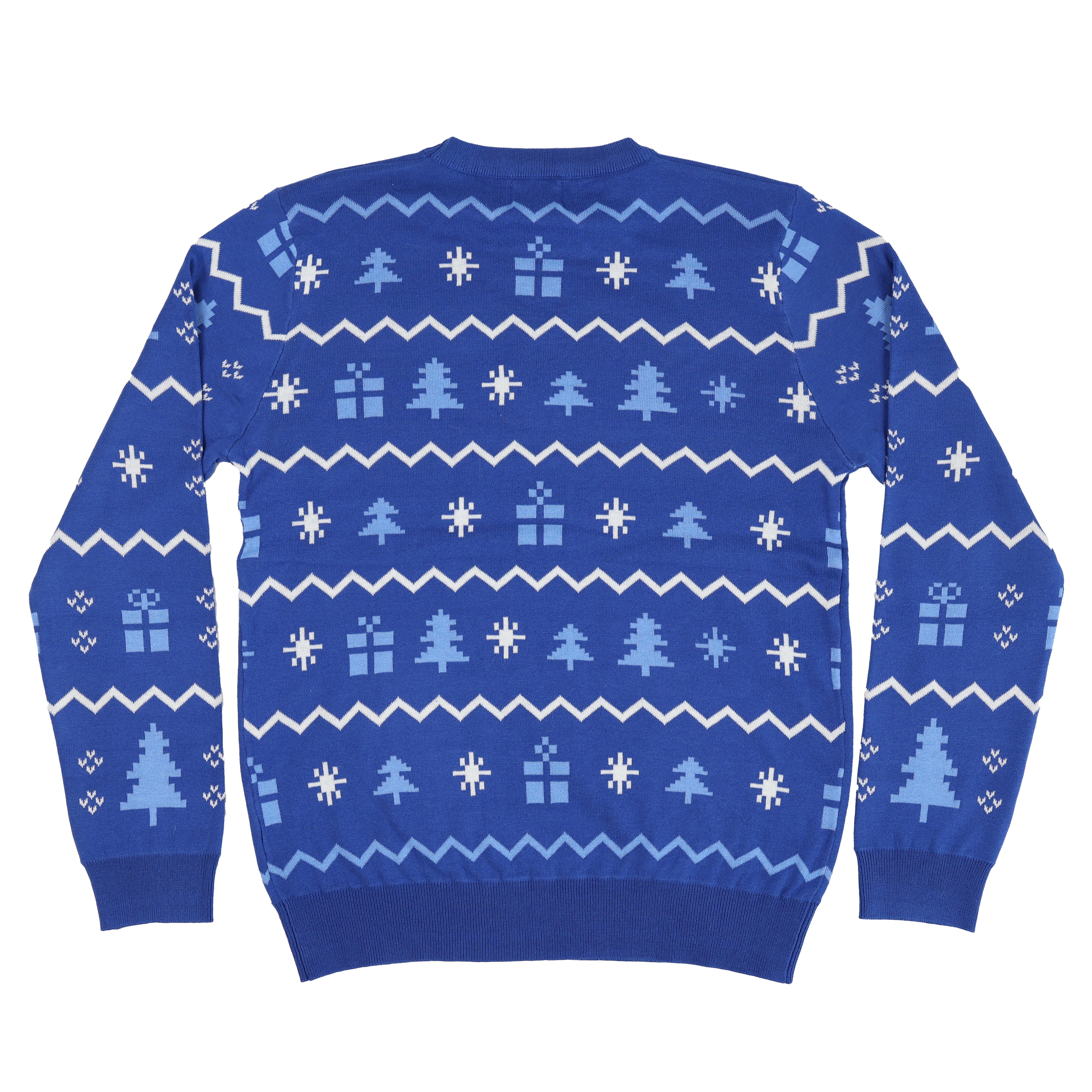 Blue ugly Christmas sweater with white and light blue Christmas-themed pattern on a white background