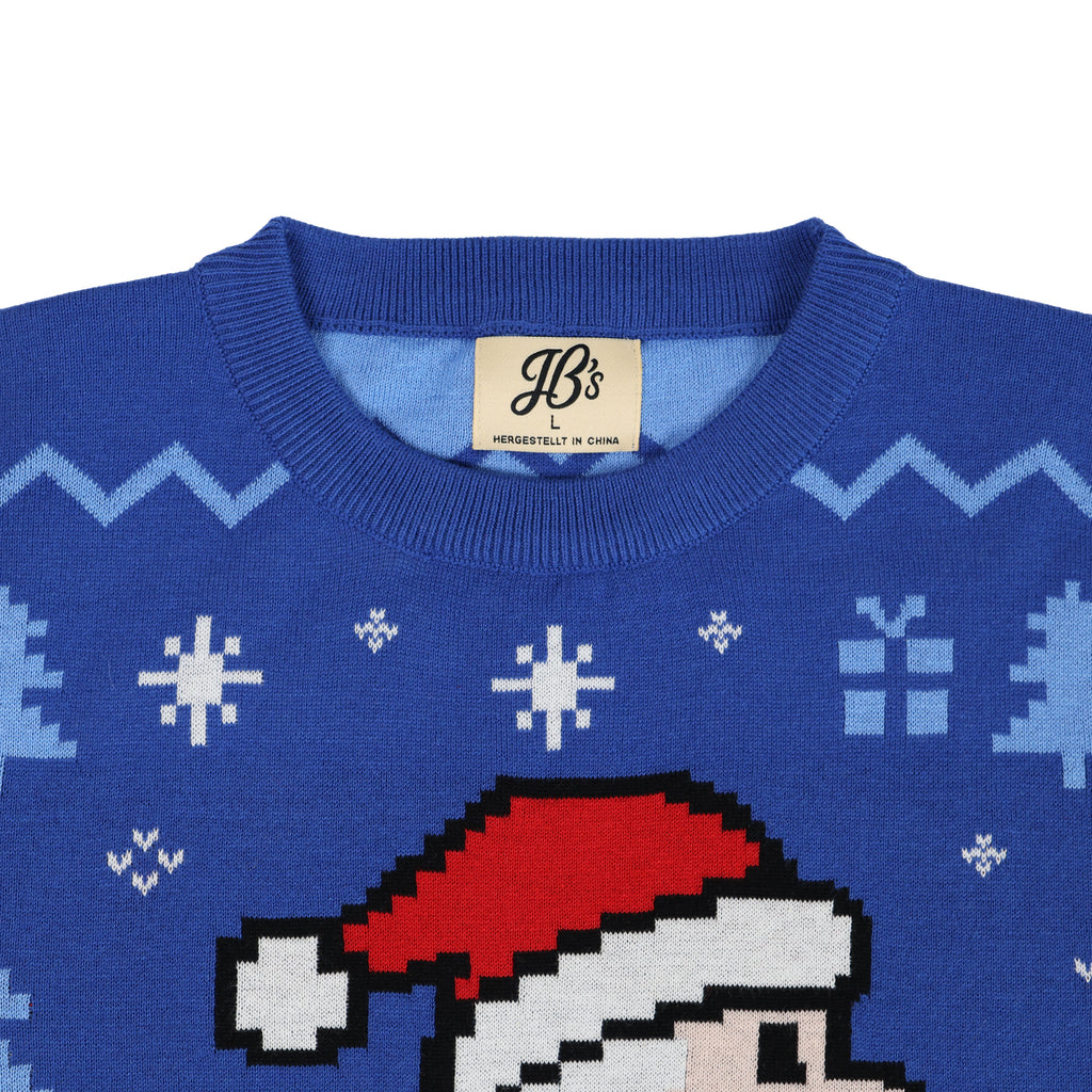 Blue ugly Christmas sweater with pixelated Santa design and 'JB's' label on a white background