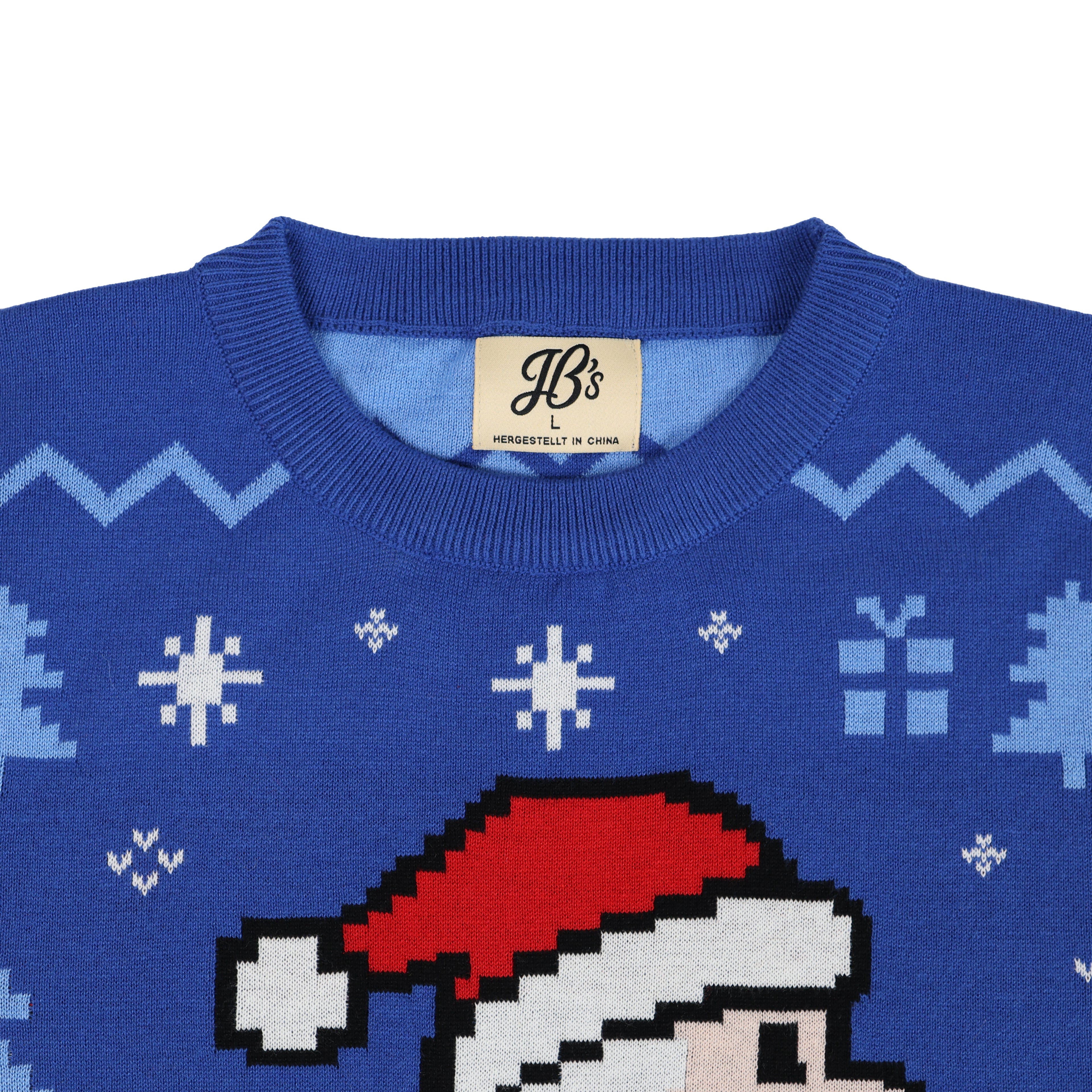 Blue ugly Christmas sweater with pixelated Santa design and 'JB's' label on a white background