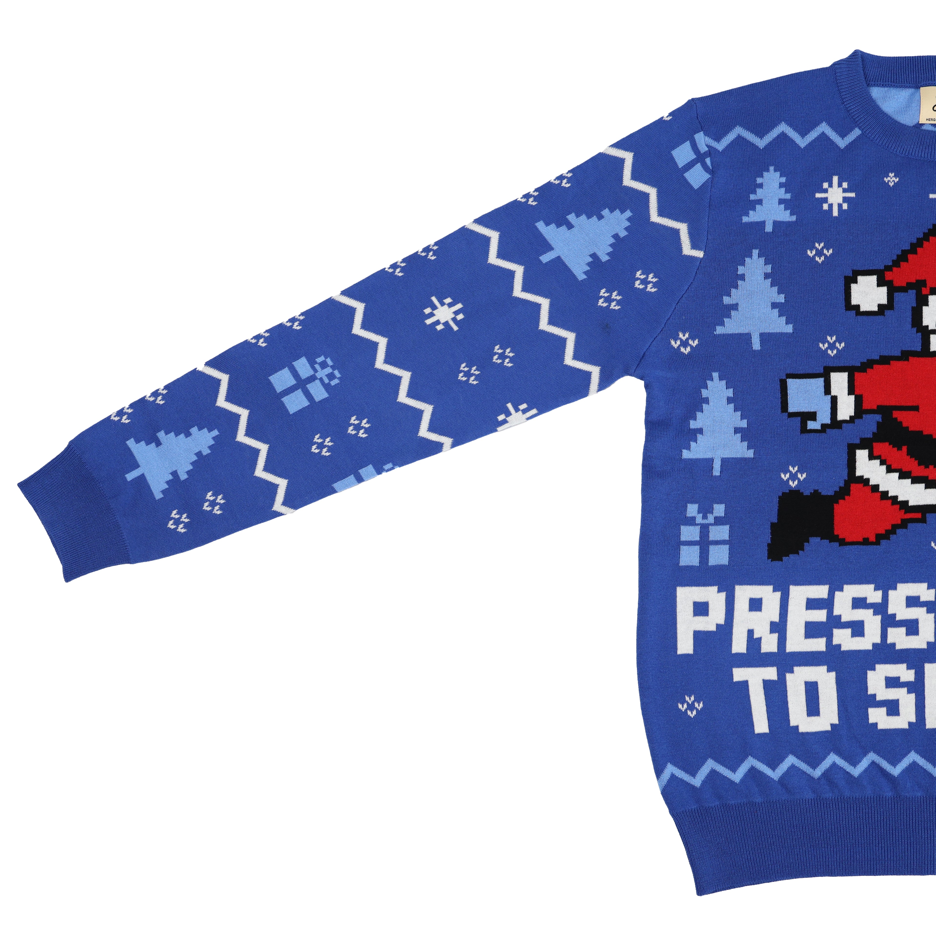 Blue ugly Christmas sweater with Santa Claus design and 'Press to Sing' text on a white background