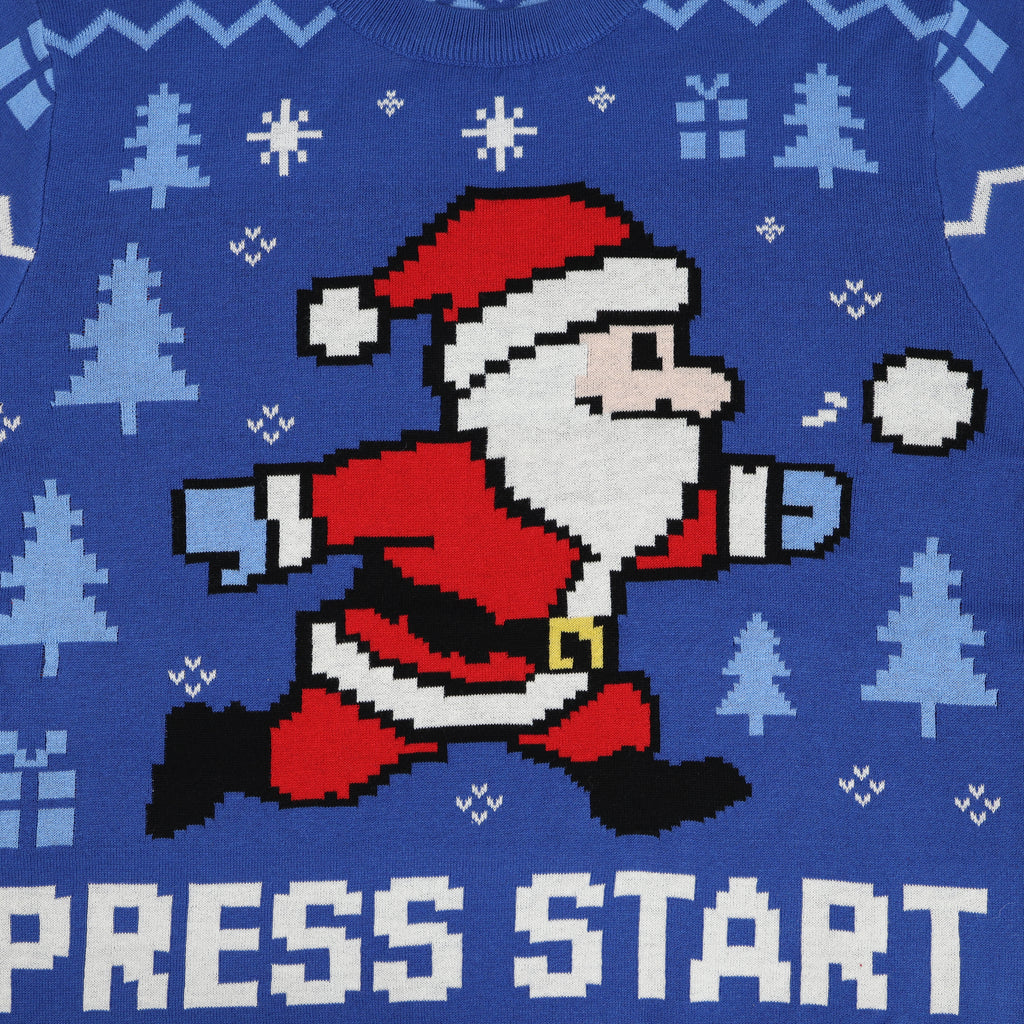 Pixelated Santa Claus on a blue background with 'Press Start' text