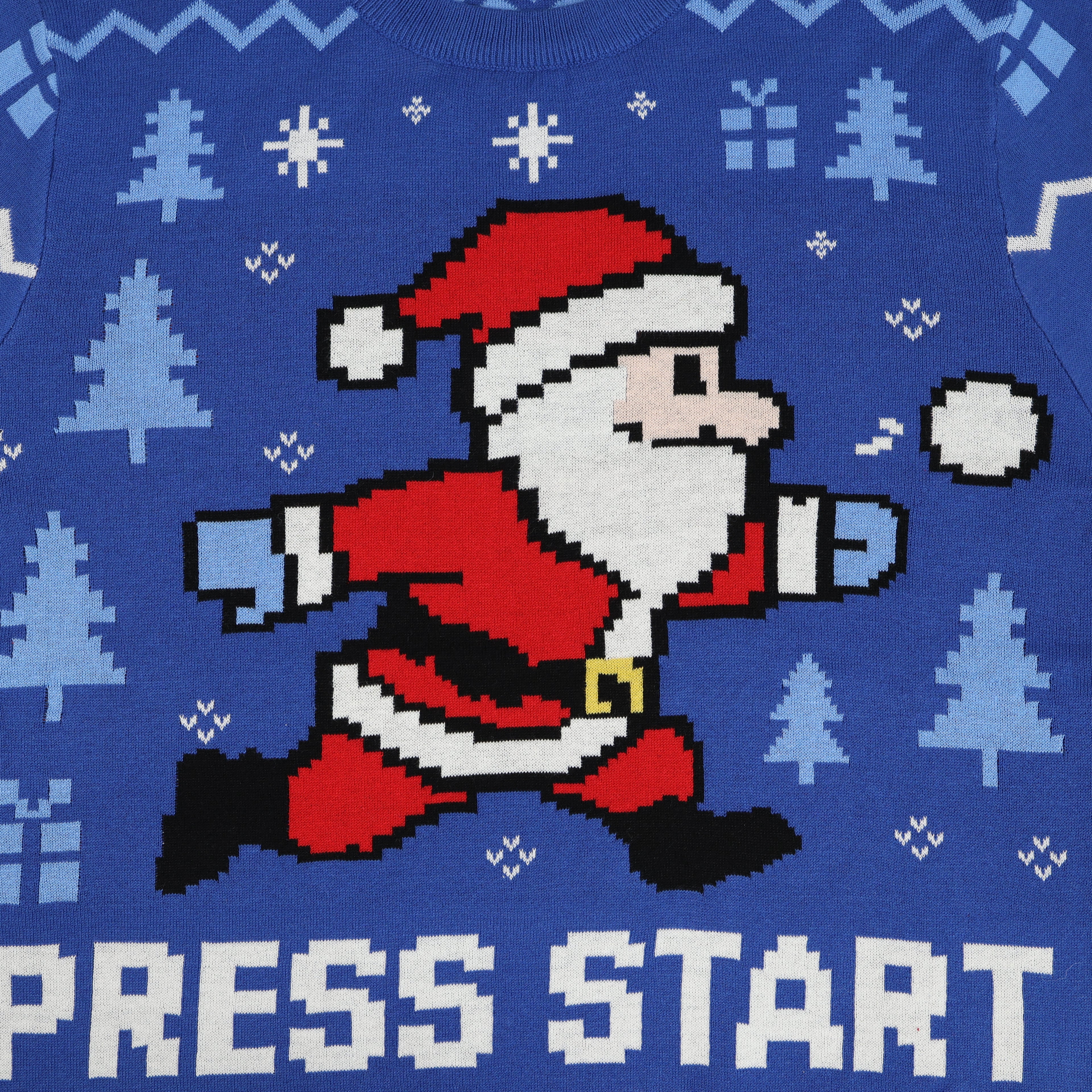 Pixelated Santa Claus on a blue background with 'Press Start' text