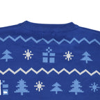 Blue ugly christmas  sweater with white and light blue patterns on a white background