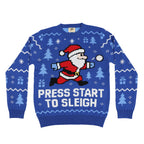 Blue ugly Christmas sweater with Santa Claus graphic and 'Press Start to Sleigh' text on a white background