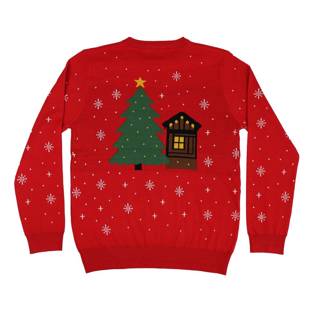 Red ugly Christmas sweater with Christmas tree and cabin design on a white background