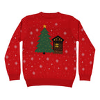 Red ugly Christmas sweater with Christmas tree and cabin design on a white background