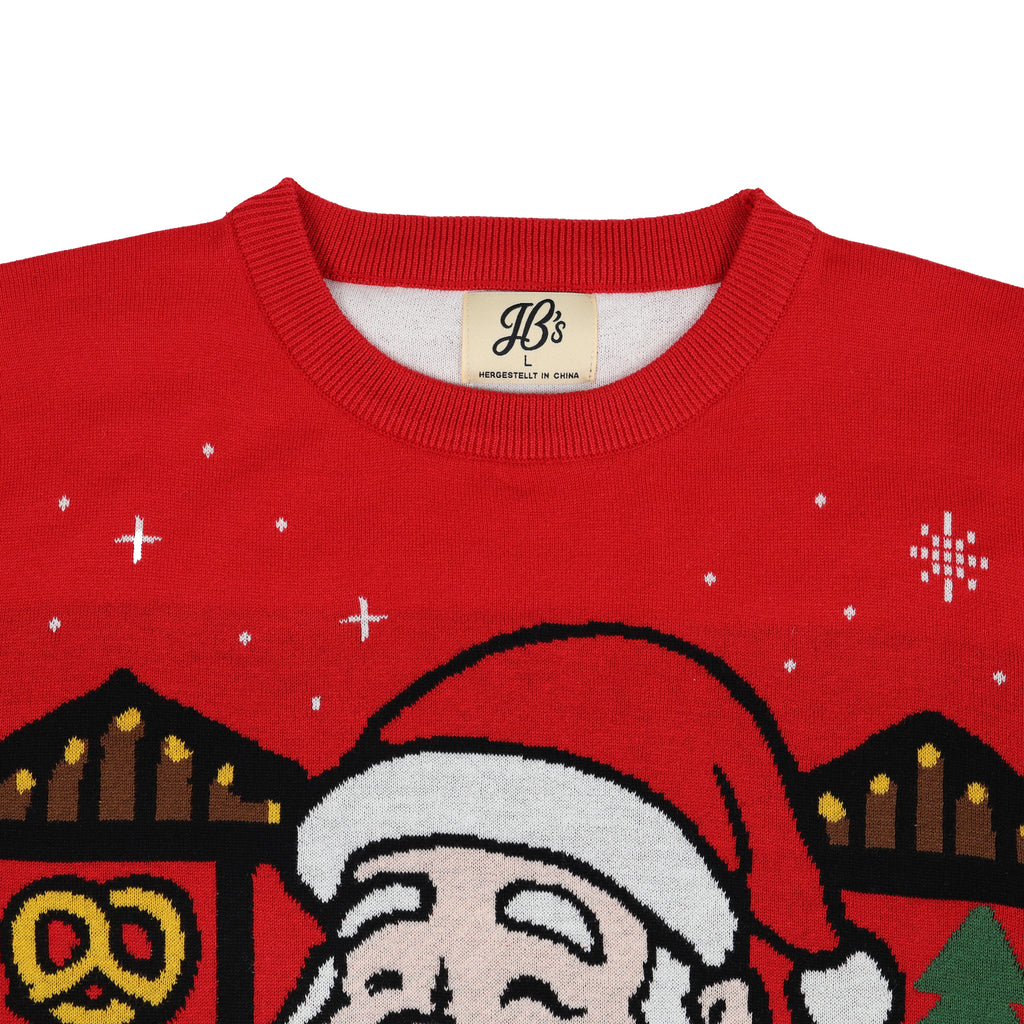Red ugly Christmas sweater with Santa Claus design and 'JB's' brand label on a white background