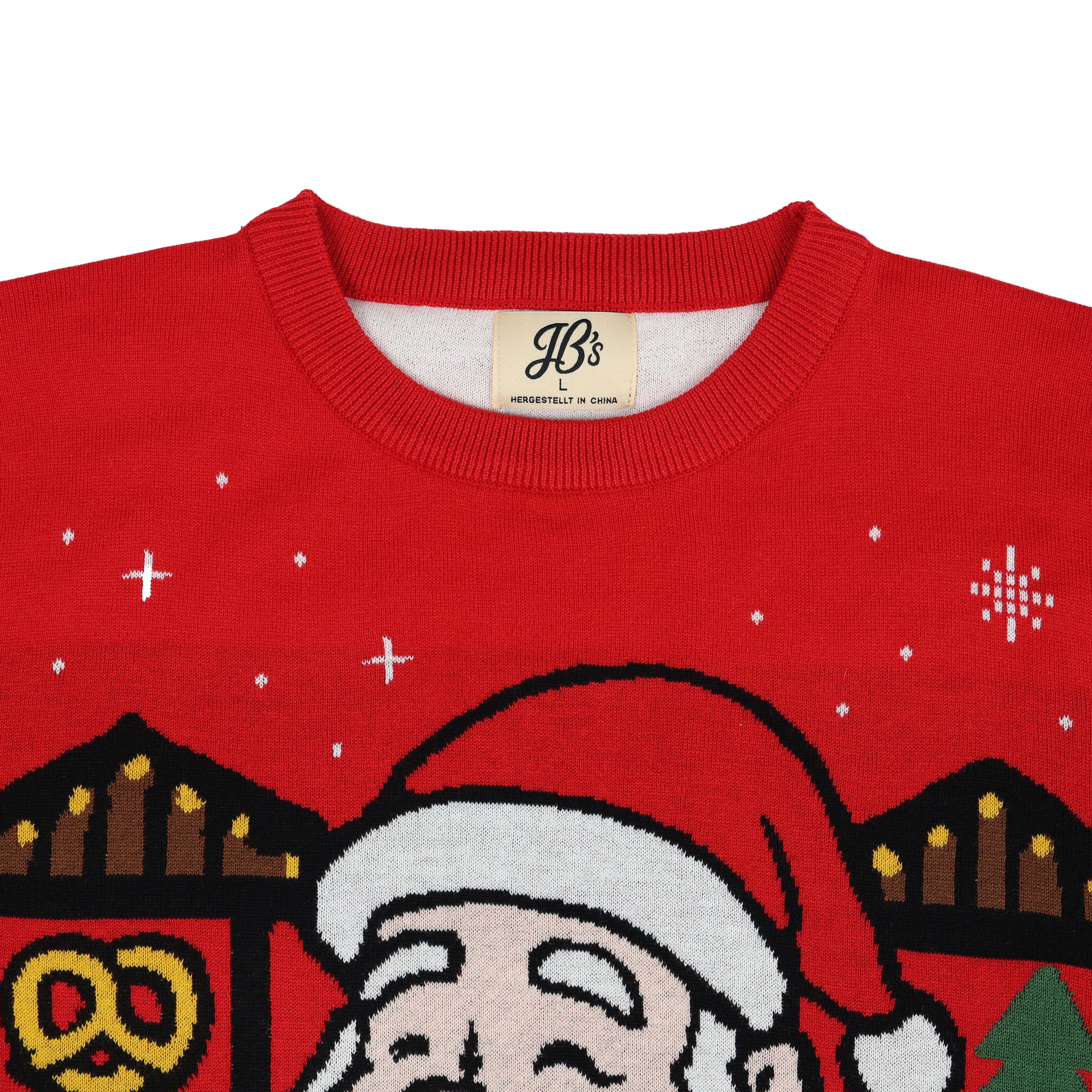 Red ugly Christmas sweater with Santa Claus design and 'JB's' brand label on a white background