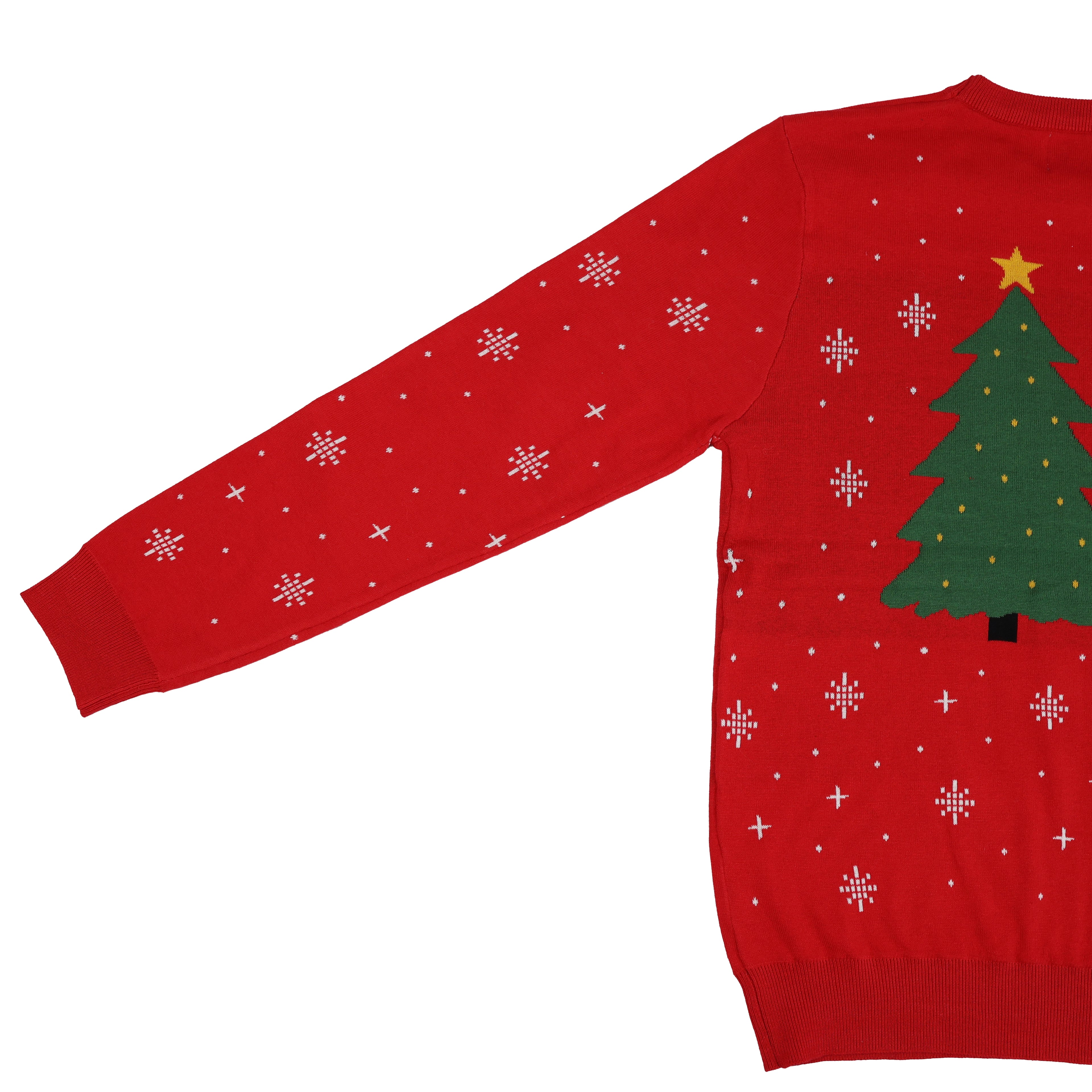 Red ugly Christmas sweater with Christmas tree design and snowflakes on a white background