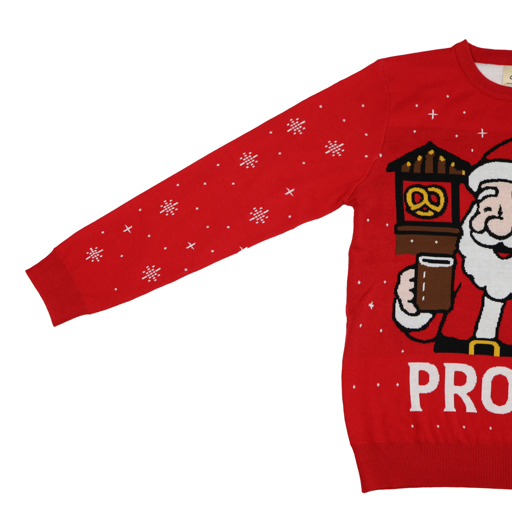 Red ugly Christmas sweater with Santa Claus holding a Mug with pretzel behind and the word 'PROST' on a white background