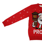 Red ugly Christmas sweater with Santa Claus holding a Mug with pretzel behind and the word 'PROST' on a white background