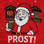 Cartoon Santa Claus holding a beer mug with 'PROST!' text on a red ugly Christmas sweater background