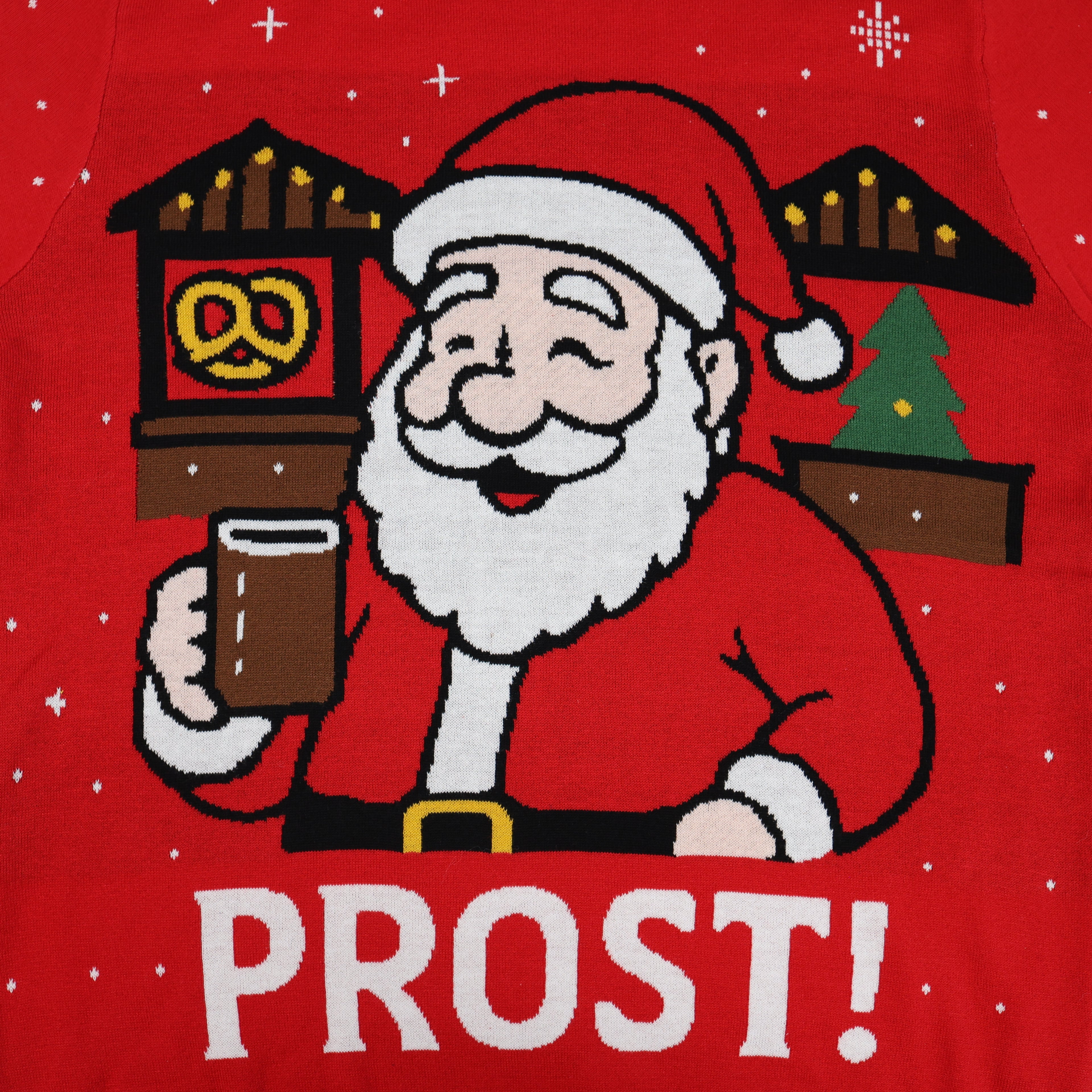 Cartoon Santa Claus holding a beer mug with 'PROST!' text on a red ugly Christmas sweater background