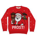 Red ugly Christmas sweater with Santa Claus holding a beer mug and 'PROST!' text on a white background