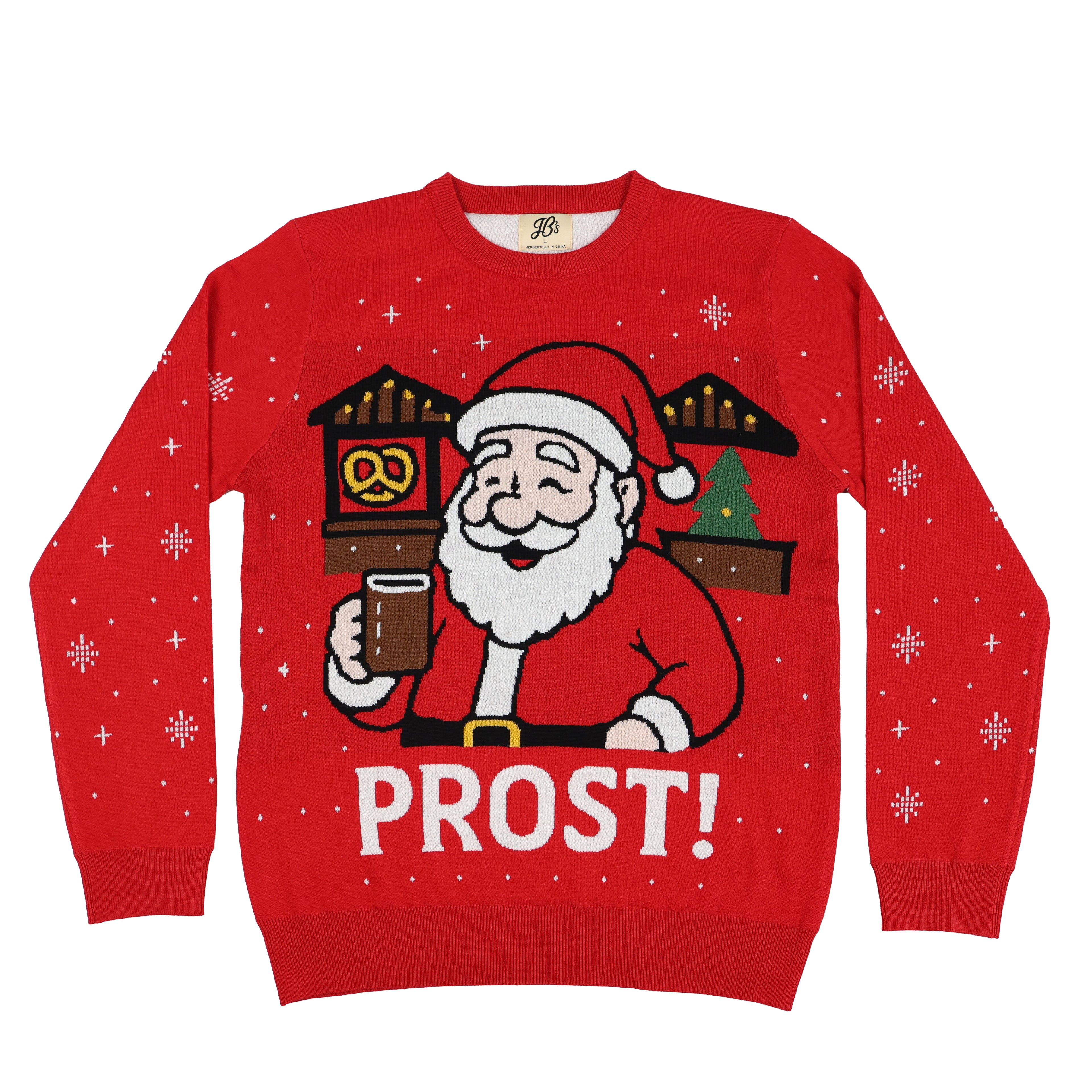Red ugly Christmas sweater with Santa Claus holding a beer mug and 'PROST!' text on a white background