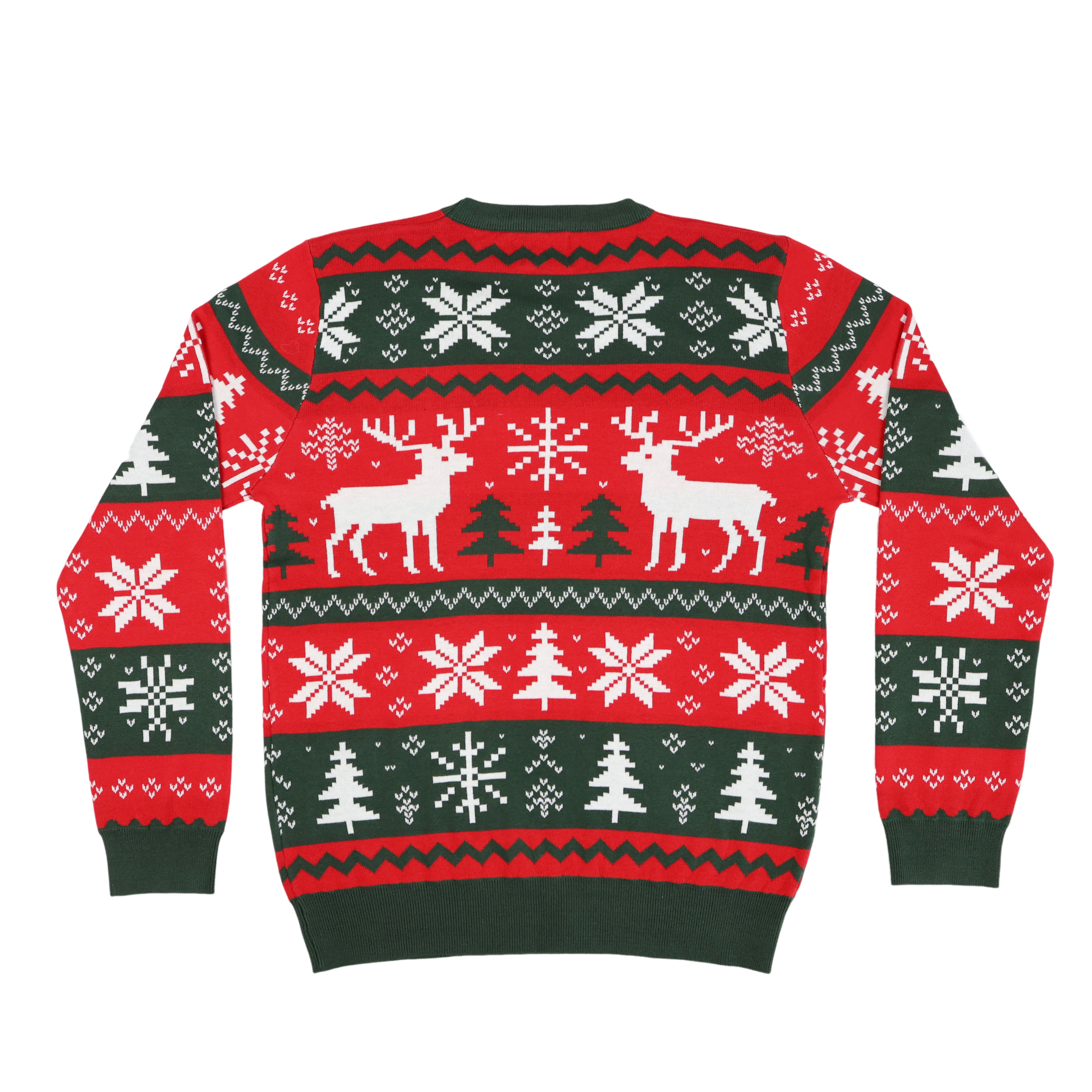 Christmas-themed ugly sweater with reindeer, trees, and snowflakes on a white background