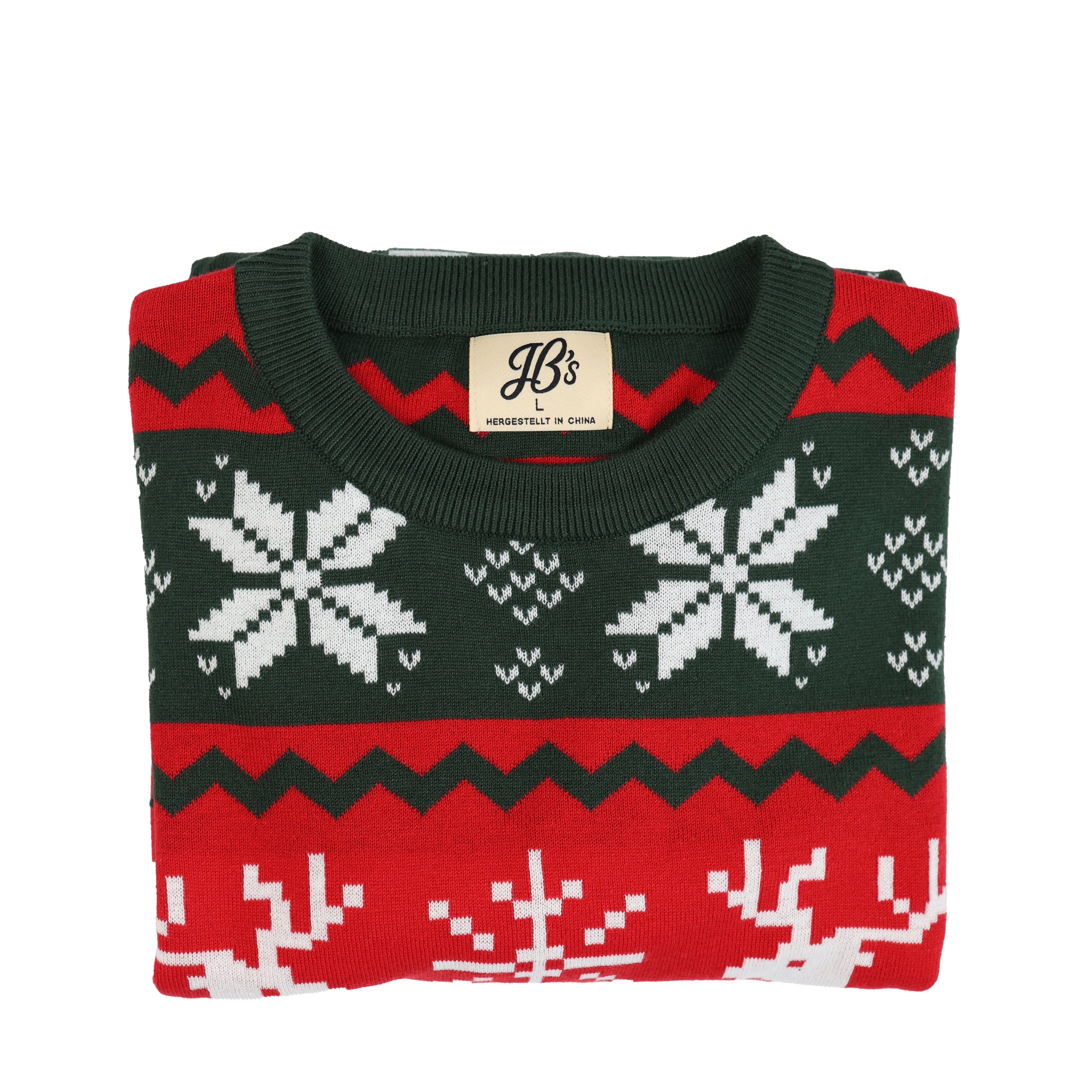 Folded ugly Christmas-themed sweater with red, green, and white pattern on a white background