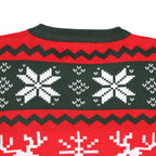 Close-up of a red and green ugly christmas sweater with snowflake pattern
