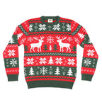 Christmas-themed ugly sweater with reindeer, trees, and snowflakes on a white background